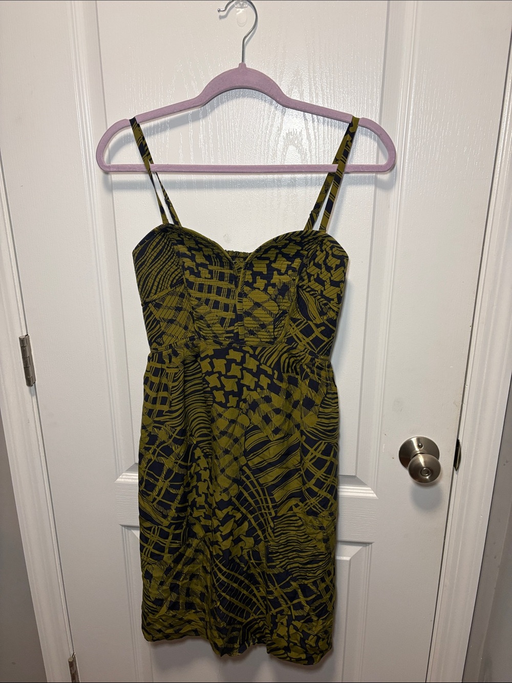 Olive Patterned Spaghetti-Strap Mini Dress